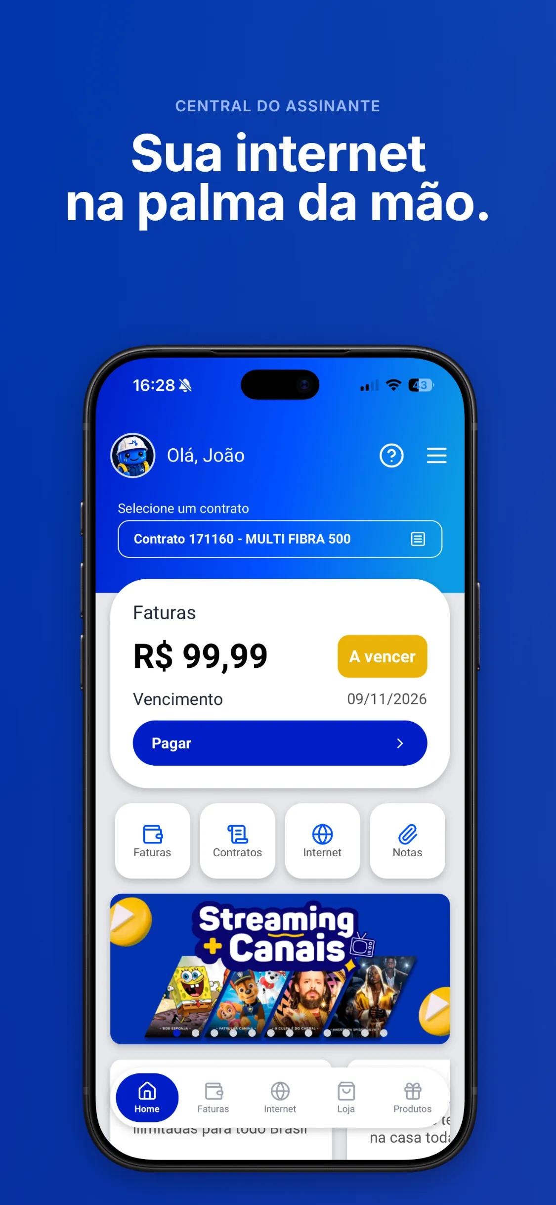 Tela inicial do novo app da Central do Assinante N-MultiFibra